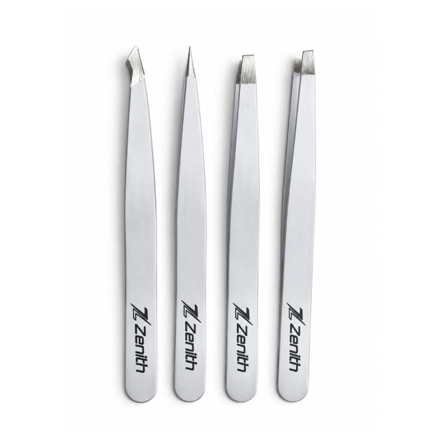 Zenith Plus professional 4 piece white powder coated eyebrow tweezers set with straight angled pointed and slant tips