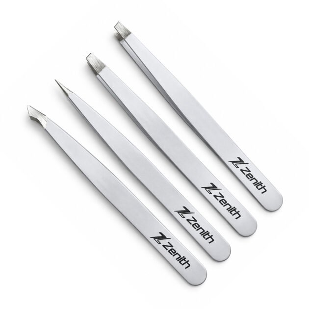 Zenith Plus professional 4 piece white powder coated eyebrow tweezers set with straight angled pointed and slant tips