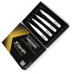 Zenith Plus professional 4 piece white powder coated eyebrow tweezers set with straight angled pointed and slant tips
