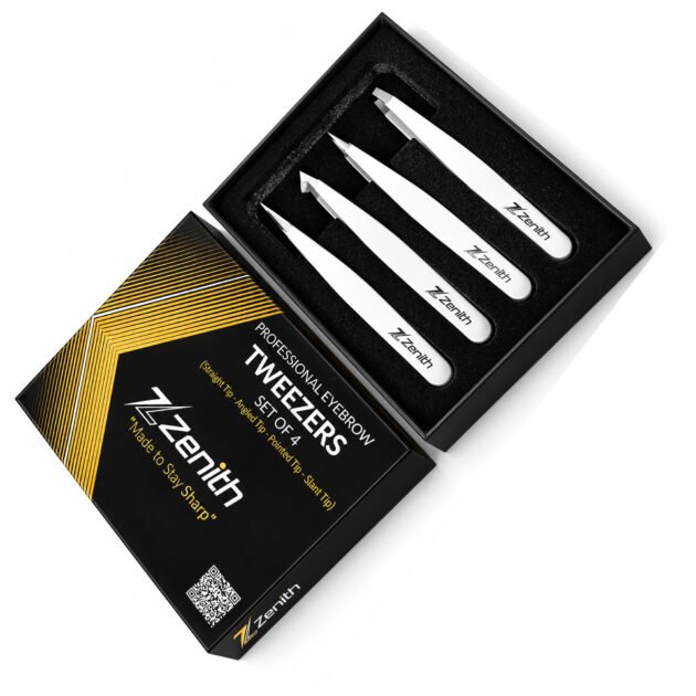 Zenith Plus professional 4 piece white powder coated eyebrow tweezers set with straight angled pointed and slant tips