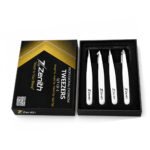 Zenith Plus professional 4 piece white powder coated eyebrow tweezers set with straight angled pointed and slant tips