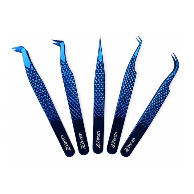 Zenith Plus professional 5 piece titanium blue eyelash extension tweezers set with storage box