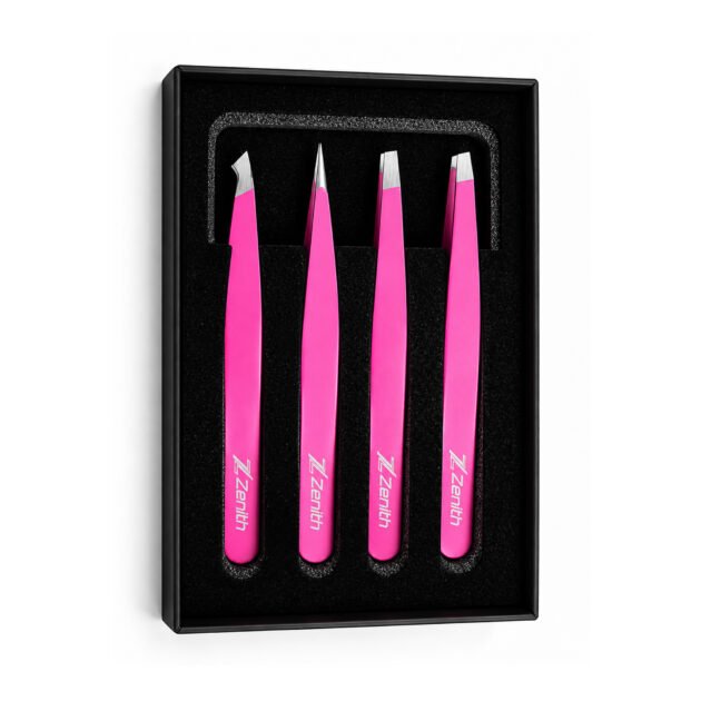 Zenith Plus professional 4 piece pink powder coated eyebrow tweezers set with straight pointed angled and slant tips in branded box
