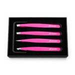 Zenith Plus professional 4 piece pink powder coated eyebrow tweezers set with straight pointed angled and slant tips in branded box