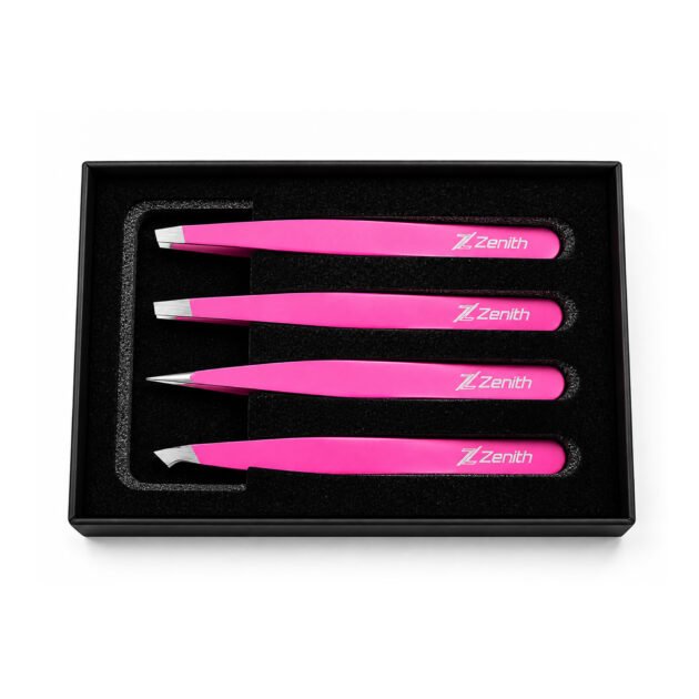 Zenith Plus professional 4 piece pink powder coated eyebrow tweezers set with straight pointed angled and slant tips in branded box