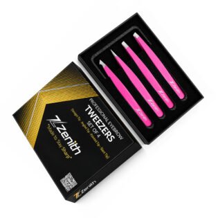 Zenith Plus professional 4 piece pink powder coated eyebrow tweezers set with straight pointed angled and slant tips in branded box