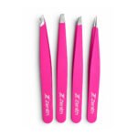 Zenith Plus professional 4 piece pink powder coated eyebrow tweezers set with straight pointed angled and slant tips in branded box