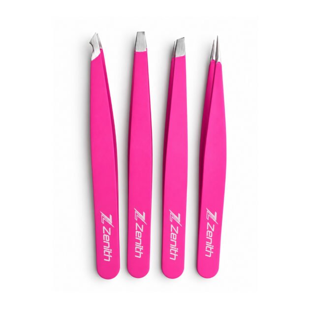 Zenith Plus professional 4 piece pink powder coated eyebrow tweezers set with straight pointed angled and slant tips in branded box