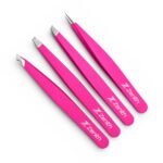 Zenith Plus professional 4 piece pink powder coated eyebrow tweezers set with straight pointed angled and slant tips in branded box