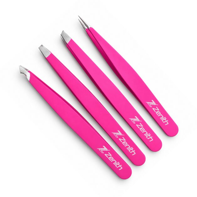 Zenith Plus professional 4 piece pink powder coated eyebrow tweezers set with straight pointed angled and slant tips in branded box