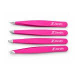 Zenith Plus professional 4 piece pink powder coated eyebrow tweezers set with straight pointed angled and slant tips in branded box
