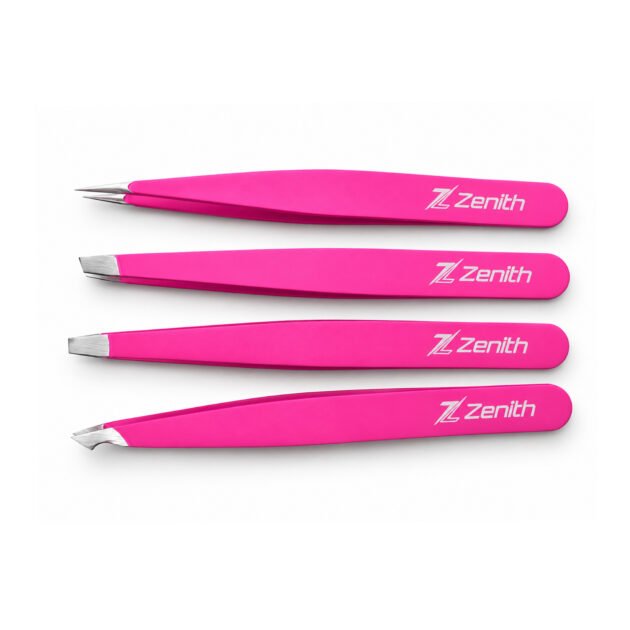 Zenith Plus professional 4 piece pink powder coated eyebrow tweezers set with straight pointed angled and slant tips in branded box