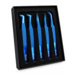 Zenith Plus professional 5 piece titanium blue eyelash extension tweezers set with storage box