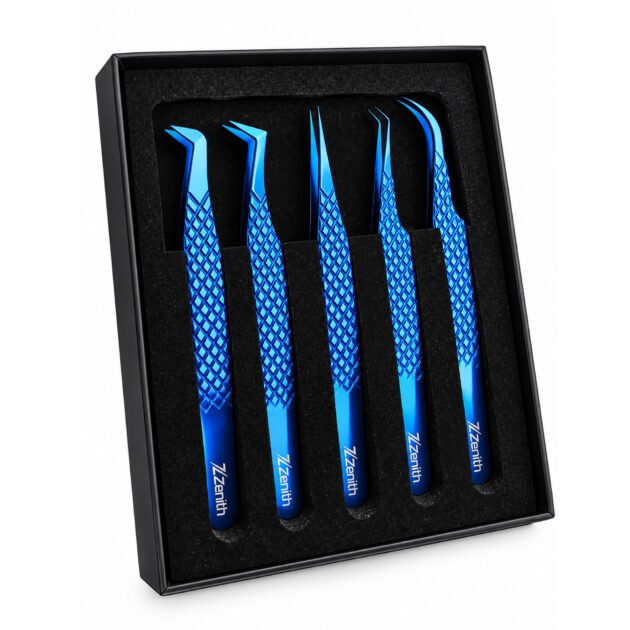 Zenith Plus professional 5 piece titanium blue eyelash extension tweezers set with storage box