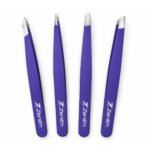 Zenith Plus professional 4 piece purple powder coated eyebrow tweezers set with straight angled pointed and slant tips in branded box