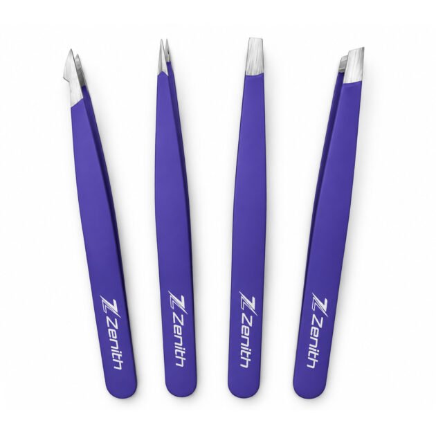 Zenith Plus professional 4 piece purple powder coated eyebrow tweezers set with straight angled pointed and slant tips in branded box