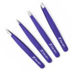 Zenith Plus professional 4 piece purple powder coated eyebrow tweezers set with straight angled pointed and slant tips in branded box