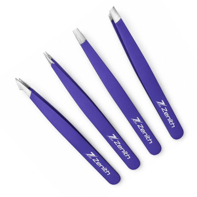 Zenith Plus professional 4 piece purple powder coated eyebrow tweezers set with straight angled pointed and slant tips in branded box