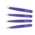Zenith Plus professional 4 piece purple powder coated eyebrow tweezers set with straight angled pointed and slant tips in branded box
