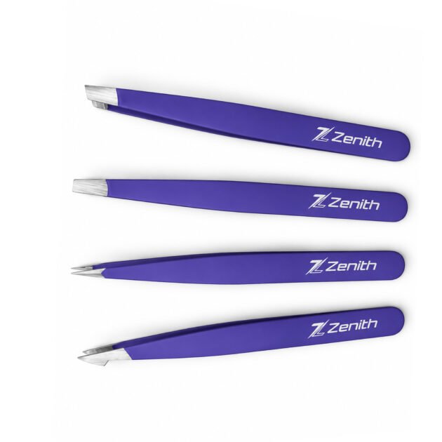 Zenith Plus professional 4 piece purple powder coated eyebrow tweezers set with straight angled pointed and slant tips in branded box