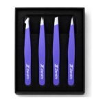 Zenith Plus professional 4 piece purple powder coated eyebrow tweezers set with straight angled pointed and slant tips in branded box
