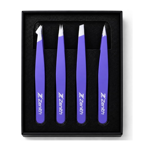 Zenith Plus professional 4 piece purple powder coated eyebrow tweezers set with straight angled pointed and slant tips in branded box