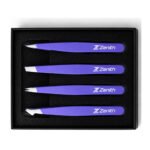 Zenith Plus professional 4 piece purple powder coated eyebrow tweezers set with straight angled pointed and slant tips in branded box