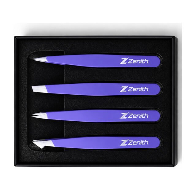 Zenith Plus professional 4 piece purple powder coated eyebrow tweezers set with straight angled pointed and slant tips in branded box