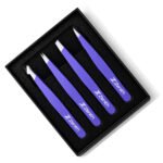 Zenith Plus professional 4 piece purple powder coated eyebrow tweezers set with straight angled pointed and slant tips in branded box