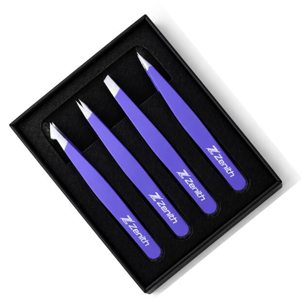 Zenith Plus professional 4 piece purple powder coated eyebrow tweezers set with straight angled pointed and slant tips in branded box