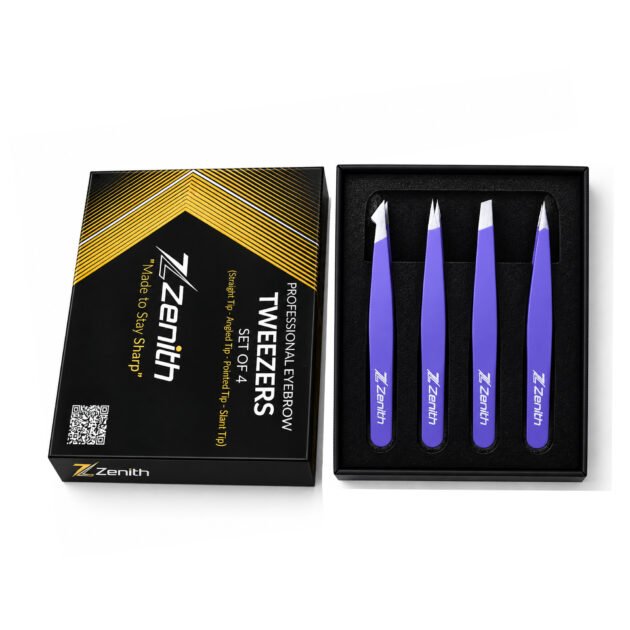 Zenith Plus professional 4 piece purple powder coated eyebrow tweezers set with straight angled pointed and slant tips in branded box