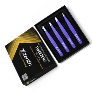 Zenith Plus professional 4 piece purple powder coated eyebrow tweezers set with straight angled pointed and slant tips in branded box