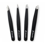 Zenith Plus professional 4 piece black powder coated eyebrow tweezers set with straight angled pointed and slant tips in branded box
