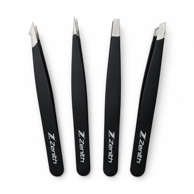 Zenith Plus professional 4 piece black powder coated eyebrow tweezers set with straight angled pointed and slant tips in branded box
