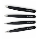 Zenith Plus professional 4 piece black powder coated eyebrow tweezers set with straight angled pointed and slant tips in branded box