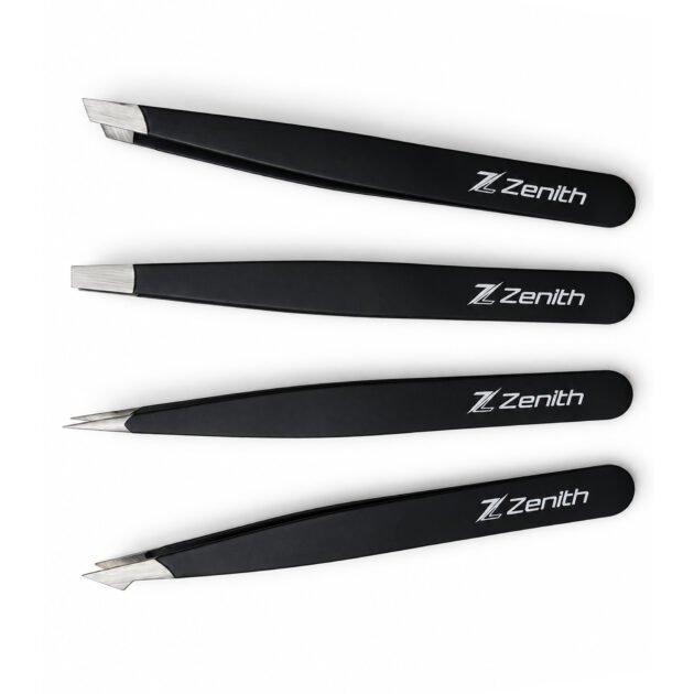 Zenith Plus professional 4 piece black powder coated eyebrow tweezers set with straight angled pointed and slant tips in branded box