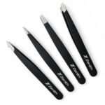 Zenith Plus professional 4 piece black powder coated eyebrow tweezers set with straight angled pointed and slant tips in branded box