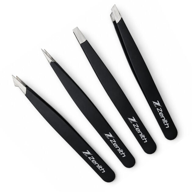 Zenith Plus professional 4 piece black powder coated eyebrow tweezers set with straight angled pointed and slant tips in branded box