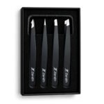 Zenith Plus professional 4 piece black powder coated eyebrow tweezers set with straight angled pointed and slant tips in branded box