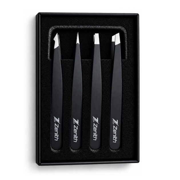 Zenith Plus professional 4 piece black powder coated eyebrow tweezers set with straight angled pointed and slant tips in branded box