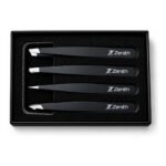 Zenith Plus professional 4 piece black powder coated eyebrow tweezers set with straight angled pointed and slant tips in branded box