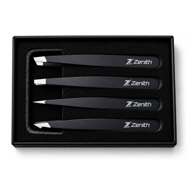 Zenith Plus professional 4 piece black powder coated eyebrow tweezers set with straight angled pointed and slant tips in branded box