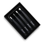 Zenith Plus professional 4 piece black powder coated eyebrow tweezers set with straight angled pointed and slant tips in branded box
