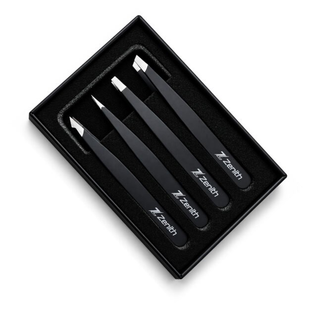 Zenith Plus professional 4 piece black powder coated eyebrow tweezers set with straight angled pointed and slant tips in branded box