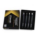 Zenith Plus professional 4 piece black powder coated eyebrow tweezers set with straight angled pointed and slant tips in branded box