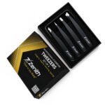 Zenith Plus professional 4 piece black powder coated eyebrow tweezers set with straight angled pointed and slant tips in branded box