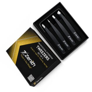 Zenith Plus professional 4 piece black powder coated eyebrow tweezers set with straight angled pointed and slant tips in branded box