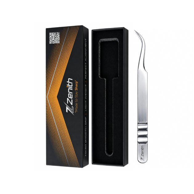 Professional curved eyelash extension tweezers stainless steel with Zenith branded packaging
