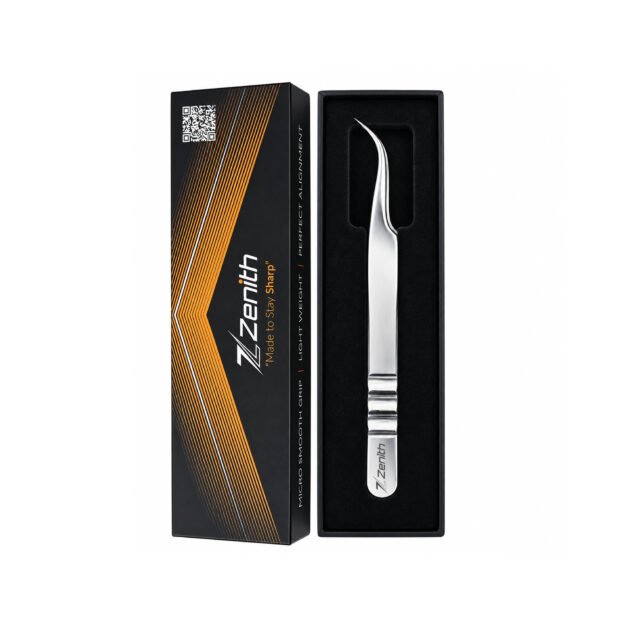 Professional curved eyelash extension tweezers stainless steel with Zenith branded packaging