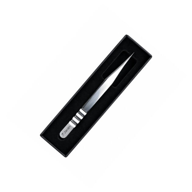 Professional straight eyelash extension tweezers with Zenith branded packaging